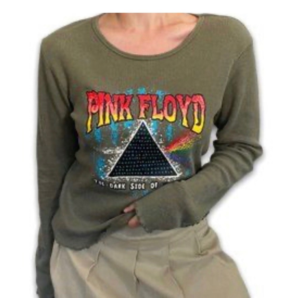 Pink Floyd Dark Side of the Moon Graphic Waffle Knit Long Sleeve Top Olive Sz M